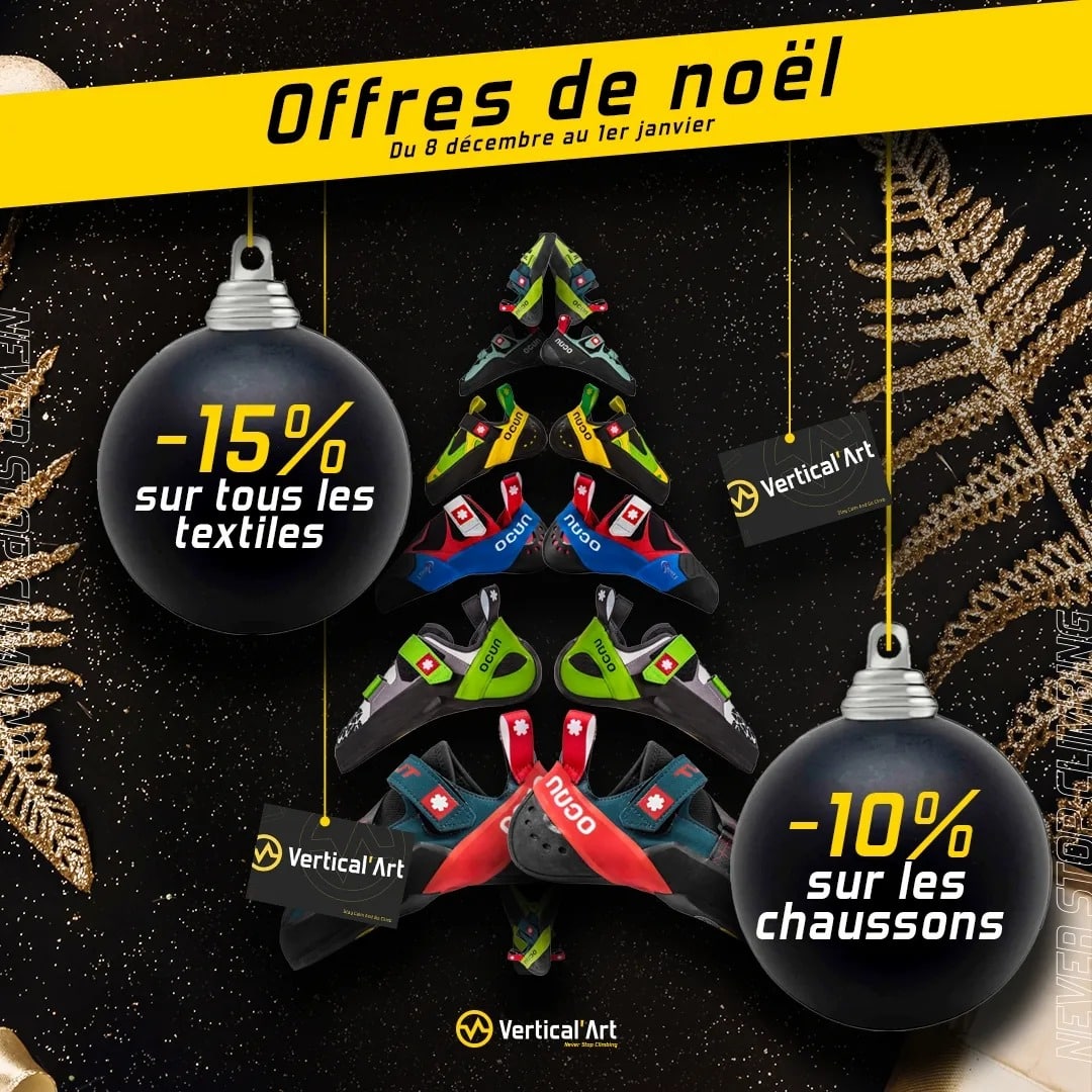 Offres de Noël à Vertical'Art Le Mans : 15% de réduction sur les textiles, 10% sur les chaussons d'escalade