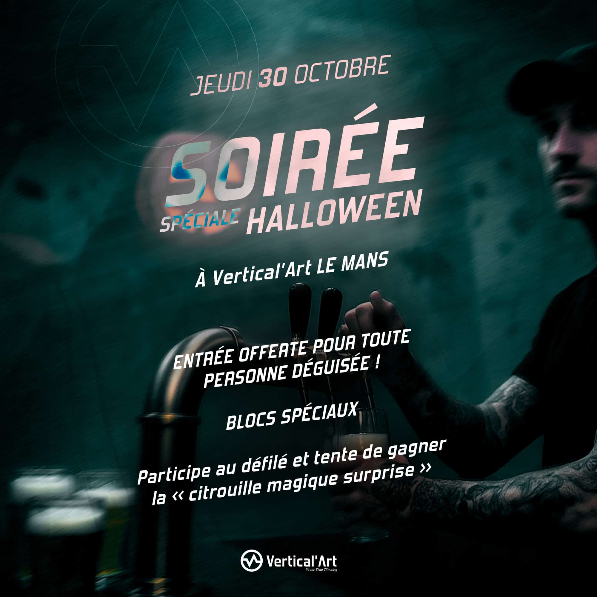 Affiche de la soirée Halloween à Vertical’Art Le Mans, avec soirée déguisée, escalade, restaurant et bar.